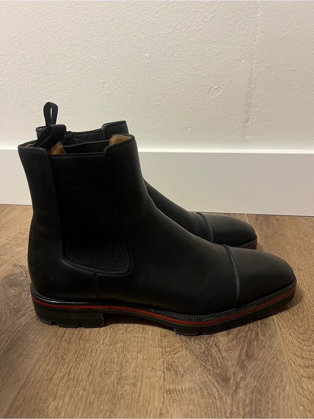 Christian Louboutin Black Leather Chelsea Boots with Red Sole Trim 40 1/2